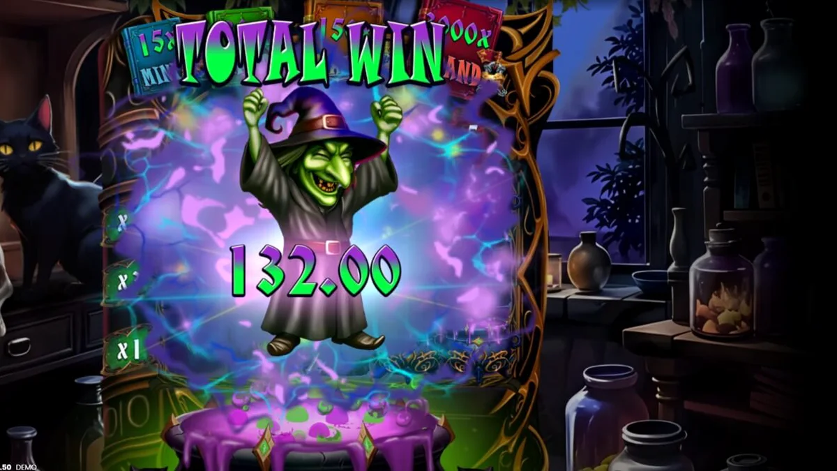 Tampilan visual slot Witches’ Fortune: Hold & Win dengan tema kuali ajaib dan simbol penyihir