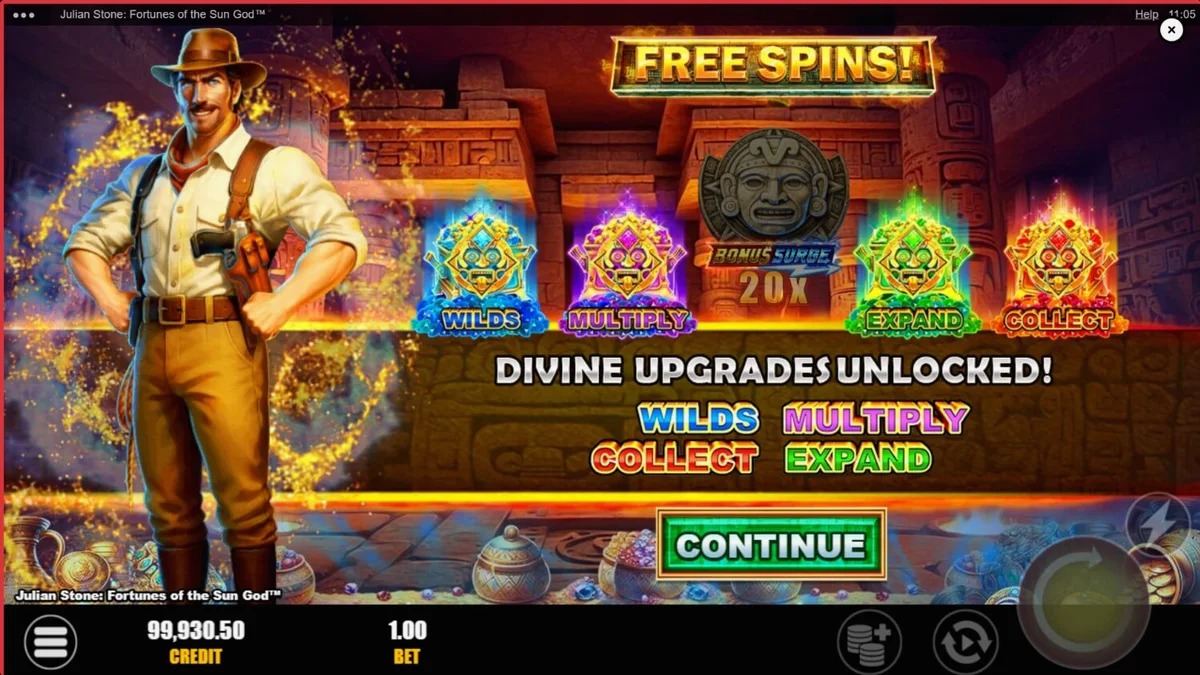 Tampilan visual slot Julian Stone: Fortunes of the Sun God dengan latar belakang hutan Aztec dan karakter penjelajah.